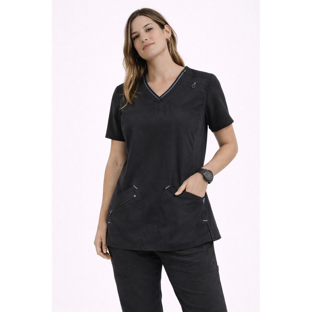 Cherokee Scrub Top Women Large Black V-Neck Mesh Panel Athletic Nurse‎ Uniform